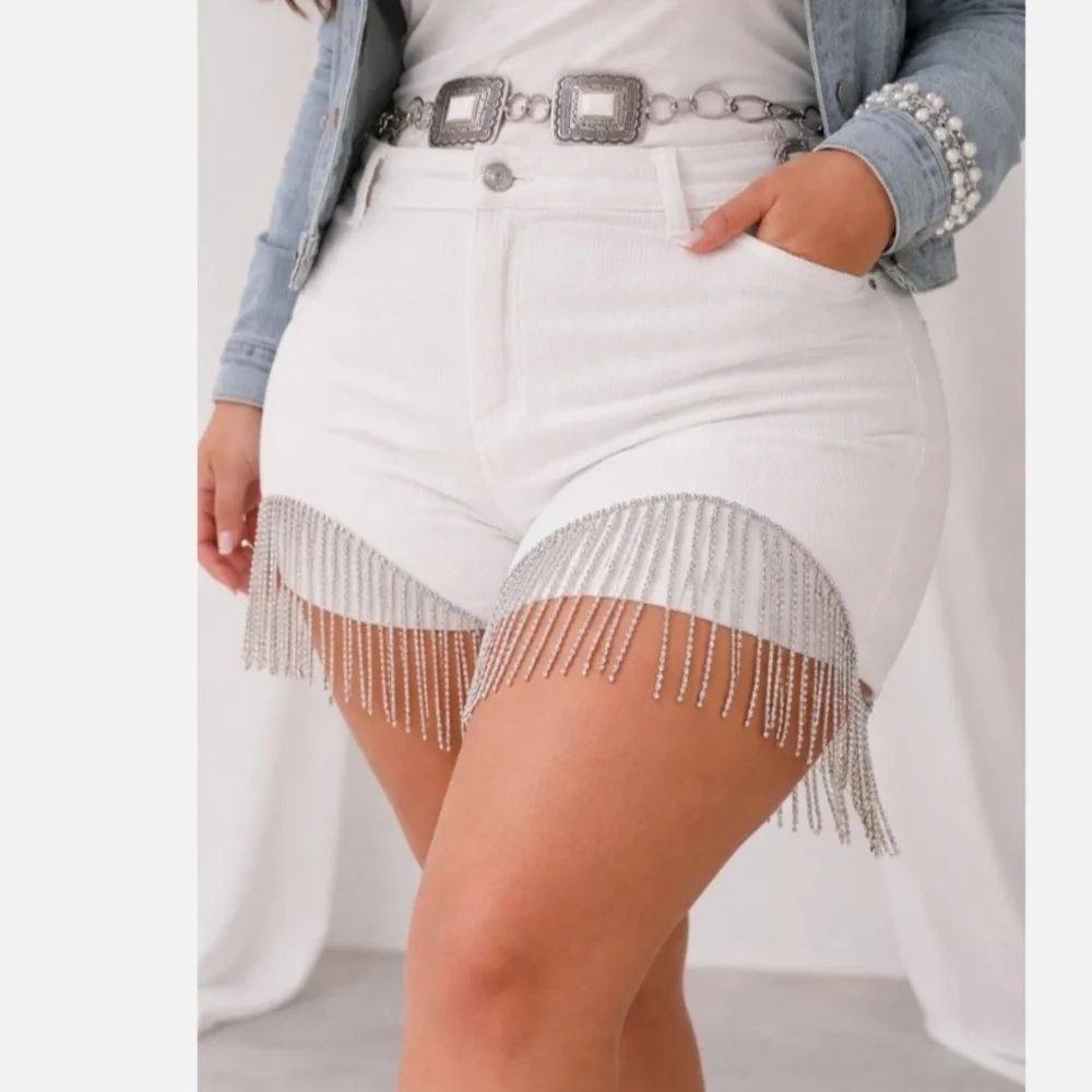 SAVANNA JANE Off White Rhinestone Fringe Ribbed Shorts - Picture 6 of 6